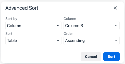 Advanced Tables sort dialog (Sort > Advanced Sort…).